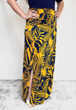 Navy Tropical Maxi Skirt with Yellow Leaves