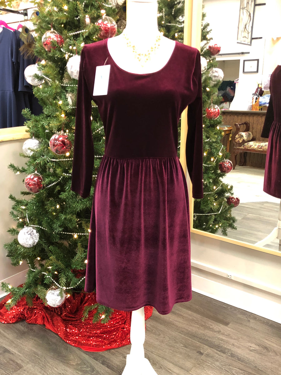 Wine Velvet Long Sleeve Gathered Waist Dress 2X