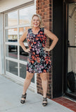 Green and Orange Foliage Print Gathered Waist Dress