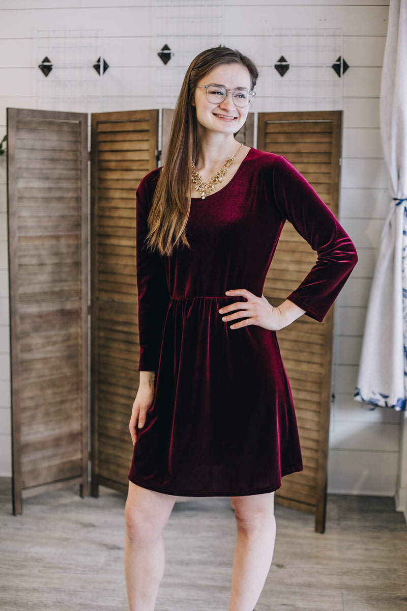 Wine Velvet Long Sleeve Gathered Waist Dress 2X