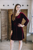 Wine Velvet Long Sleeve Gathered Waist Dress