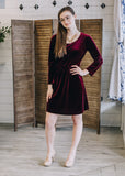 Wine Velvet Long Sleeve Gathered Waist Dress