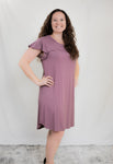 Dusty Purple Sheath Dress With Shoulder Ruffle