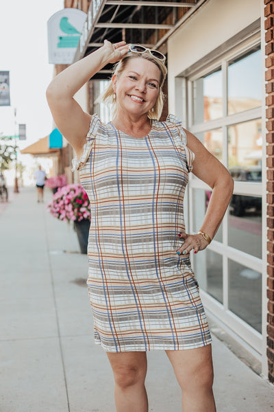Tan Waffle Knit Dress with Flutter Sleeve 1X Tan Waffle Knit Dress with Flutter Sleeve 1X