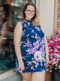 Navy - Pink and Purple Floral A-Line Dress