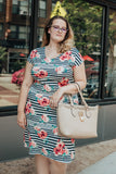 Black and White Stripes with Peach Flowers Midi Dress