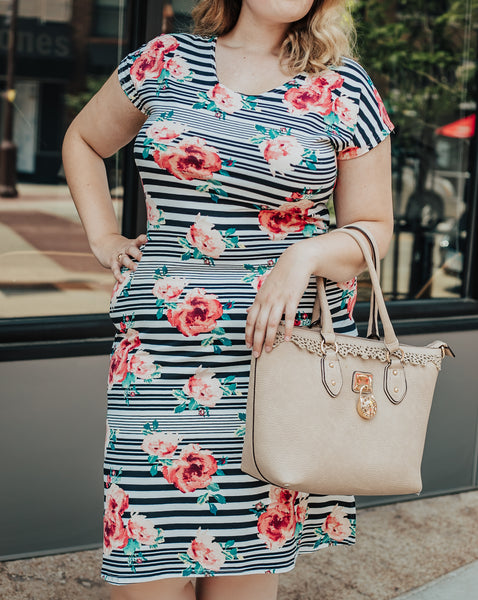 Black and White Stripes with Peach Flowers Midi Dress Medium/Large Black and White Stripes with Peach Flowers Midi Dress Medium/Large