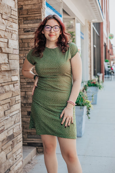 Olive Green with Ivory Polka Dot Rib Knit Dress Skirting the Rules Olive Green with Ivory Polka Dot Rib Knit Dress Skirting the Rules