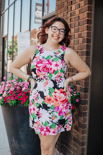 Black and White with Colorful Floral Print Dress