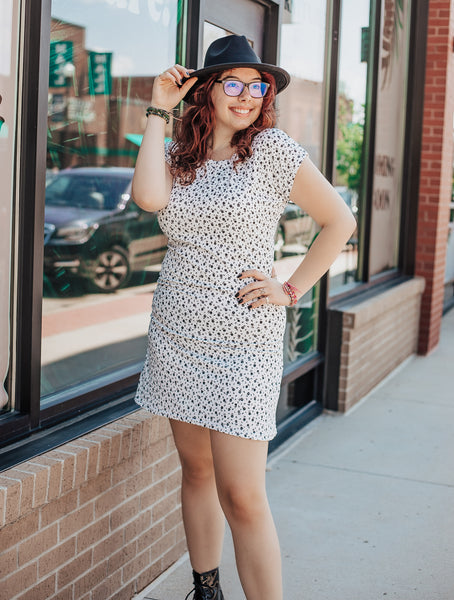 White Sheath Rib Knit Dress with Black Floral XLarge White Sheath Rib Knit Dress with Black Floral XLarge