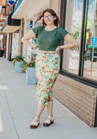 Green with Multicolored Floral Midi Skirt