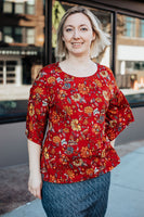 Rust Floral Flared Sleeve Top